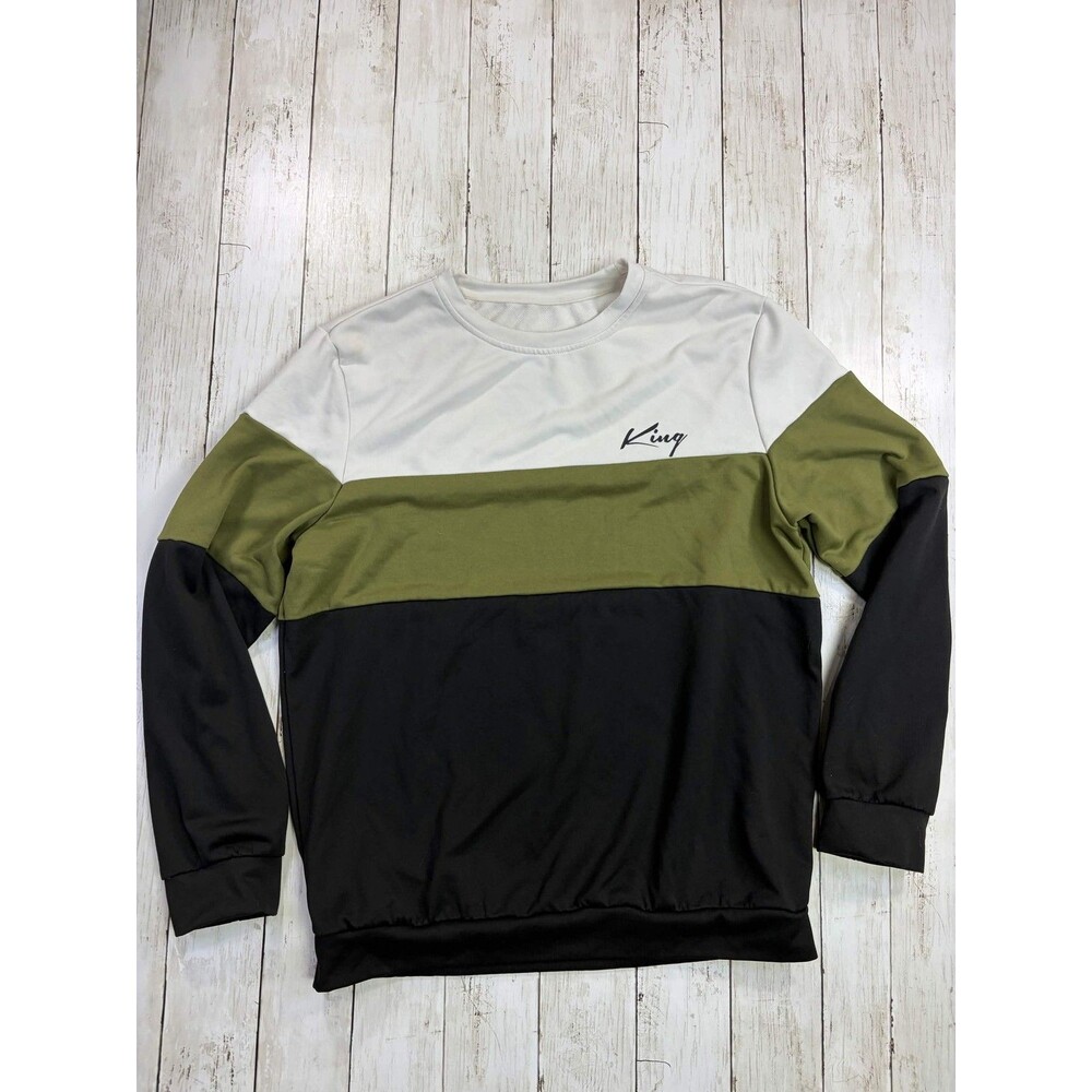 King Mens Sweatshirt Pullover Crewneck Colorblock White Green Black Size M